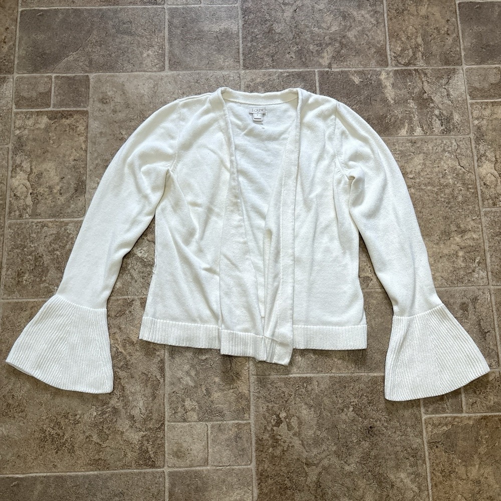 J Crew Cardigan Sweater Wrap Small Cream Bell Sleeves Cotton Boho Preppy Whimsy